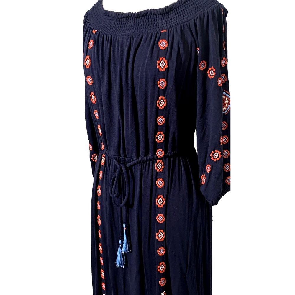 Womens Embroidered Dress Size Small Navy Blue Boho Floral Folk Hippie Waist Tie - Picture 3 of 11